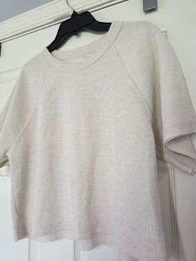 Aerie Womens Cream Crew Neck Raglan Short Sleeve Knit Lounge Top Size Medium